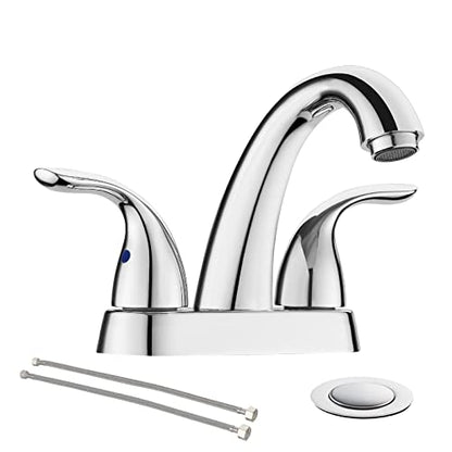 Chrome 4 Inch 2 Handle Centerset 2 or 3 Holes Bathroom Faucet, Vanity Sink Faucet with Copper Pop Up Drain and Water Supply Lines, BF008-5-C - color: Chrome, style: 1 Pack