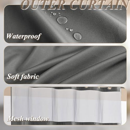 Barossa Design 3 Pcs 71x74 No Hook Shower Curtain Set with Rugs Grey | Mesh Window Top, 17Wx24L plus 19Wx29L Chenille Non-Slip Bath Mat, Snap-in Liner - color: Grey