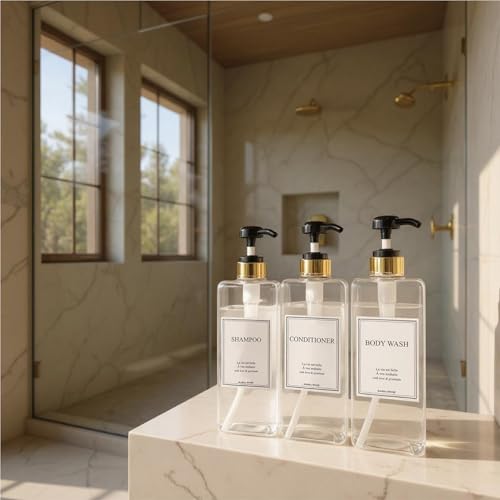 Modern Gold Design Shampoo and Conditioner Dispenser, Large 27oz Shower Soap Dispenser, Set of 3 Refillable Empty Plastic Pump Bottles for Bathroom (6 Waterproof Labels Included), (Clear & Black) - color: Clear & Black