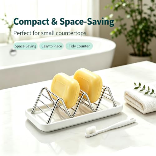 Heavy Weight 3.28oz Soap Dish with Removable Ceramic Drain Tray, 304 Stainless Steel Rustproof Self Draining Holder, Ideal for Regular Bar Soap, Bathroom Kitchen Sink (Cool White) - color: Cool White