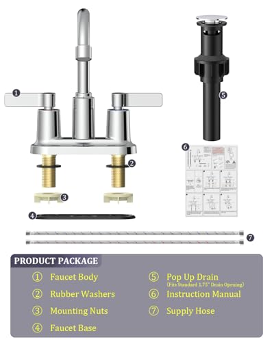 Chrome Bathroom Sink Faucet 3 Hole 4 Inch Centerset Bathroom Faucets | Faucet for Bathroom Sink with Pop Up Drain and 2 Supply Hoses 2 Handle Bathroom Faucet for Sink Vanity RV Evolvegoods - color: Chrome