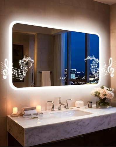 LUVODI Rectangular LED Bathroom Mirror: Smart Vanity Mirror 27.6x39.4 inch | Bluetooth Speakers Front-Lit Defogger Stepless Dimming 3 Color Lights Adjustable for Luxury Home Mirrored Decor Wall-Mounted - color: Rectangular-silver, size: 27.6"L x 39.4"W