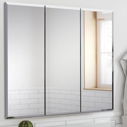 Design House Cyprus Medicine Cabinet, 3 Frameless Mirrored Doors, 2 Adjustable Shelves, Pre-Assembled, Surce or Recess-Mounted, White, 36.3 in. W x 4.4 in. D x 30.1 in. H, 590265 | Adjustable Shelves, Wall Mount, Contemporary/Modern, Wood, Bath, 590265 -