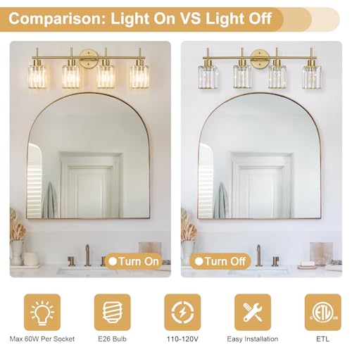 Brushed Gold Bathroom Light Fixtures, Square, 4-Light | Vanity Lights with Crystal Shades, Modern Bathroom Lighting Fixtures over Mirror (Bulbs Not Included, E26) - color: Brushed Gold (Square), size: 4-Light