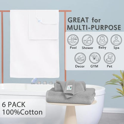 VOOVA & MOVAS 6PC Towel Set, 100% Cotton, Grey White | 2 Large Bath Towels 30x56 In, 2 Hand Towels 18x28 In, 2 Washcloths 13x13 In, Soft, Quick Dry, Bathroom Essentials - color: Gray + White Mixed, size: 6 PC Bathroom Towel Set