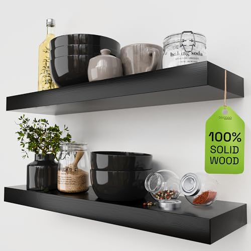 Solid Wood Floating Shelves for Wall 24 inch Black, Wooden Bathroom Shelf | Real Wood, Wall Mounted, Heavy Duty, Bedroom Kitchen Living Room, Black Finish, 24W x 6.7D, Set of 2 - color: Black, size: 24 Inch