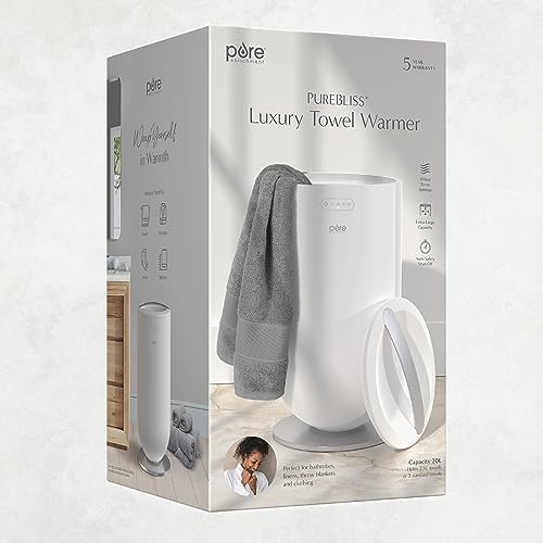 Pure Enrichment PureBliss Luxury Towel Warmer - Extra Large 20L Heats Towels, Robes, Blankets, or Clothing - Modern Bucket Design, 4 Heat Timer Settings & Auto Shut-Off (White & Brushed Silver) - color: White & Brushed Silver