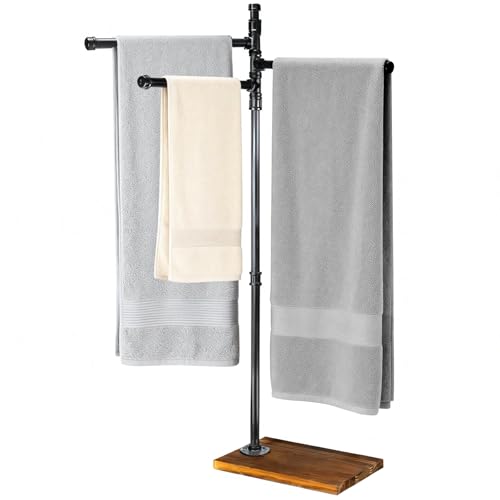 Hjarta Standing Towel Rack for Bathroom, 360° Swivel Freestanding Towel Holder with Wooden Base, 3 Rotating Arms for Bath Sheets & Pool, No-Drill Farmhouse Floor Stand for Spa, Bedroom