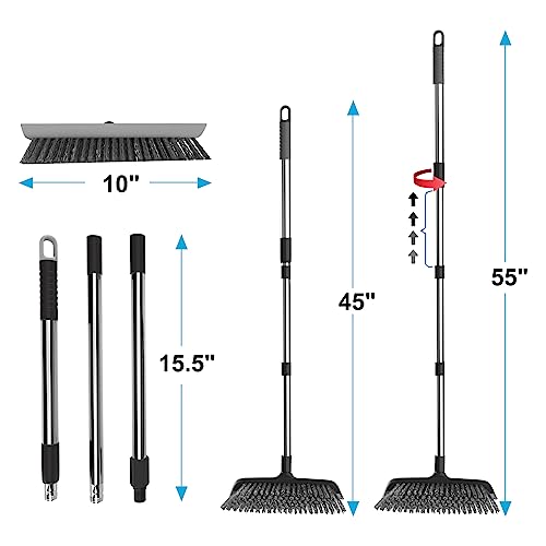 Heavy Duty Floor Scrub Brush with Long Handle, Adjustable Stainless Steel Handle, Stiff Bristles & Rubber Squeegee Scraper, Concrete Floor Scrubber for Cleaning Floor Concrete Deck Hardwood Patio Tile - style: Black+Grey