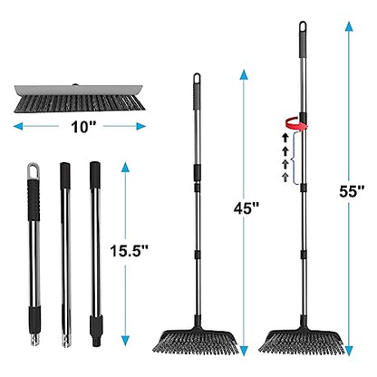Heavy Duty Floor Scrub Brush with Long Handle, Adjustable Stainless Steel Handle, Stiff Bristles & Rubber Squeegee Scraper, Concrete Floor Scrubber for Cleaning Floor Concrete Deck Hardwood Patio Tile - style: Black+Grey