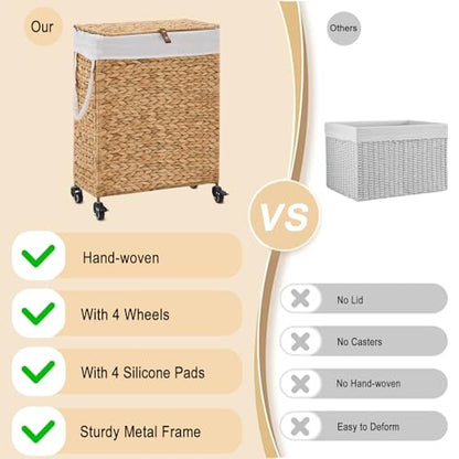 Rolling Laundry Hamper with Lid and Wheels, Slim Laundry Basket with Removable Liner Bag & 2 Mesh Bags, Handwoven Water Hyacinth Clothes Hamper for Bedroom Bathroom (Natural, 65L) - color: Natural/With Lid/65L