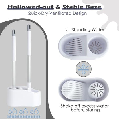 Toilet Brush and Holder Set,Toilet Bowl Brush + Flat Scrubber Brush,with Hangable Long Handle,Ventilated Base, Durable Nylon Bristles,Toilet Cleaner Brush for Bathroom RV Toilet Deep Cleaning