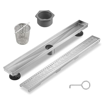 Sharp-tec Linear Shower Drain, 36 inch Shower Drain with Removable Pattern Cover, Brushed Nickel 304 Stainless Steel Rectangle Floor Drain, Adjustable Feet and Hair Strainer Included - color: Brushed Nickel, size: 36 inch