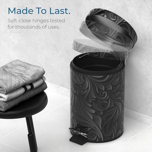 Sanilo Small Bathroom Trash Can with Lid [1.3 Gallon] - Lidded Tiny Trashcan for Garbage - Mini Metal Bin with Soft Closing Mechanism - Bath Room Accessoire Wastebin with Inner Bucket (Floral) - color: Floral