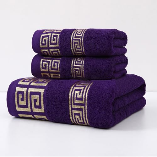 Highly Absorbent Embroidered Bath Towel Set of 3, 100% Cotton Bath Towels | 1 Bath Towel 2 Hand Towels, Super Soft and Absorbent Bathroom Towels - color: Purple