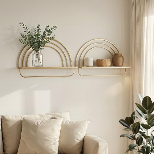 Oakrain Gold Wall Shelf with Arched Metal Frame, Set of 2, 13"&16" | Rustic Wood Floating Shelves, Farmhouse Towel Rack for Bathroom, Entryway, Living Room, Bedroom - color: Gold