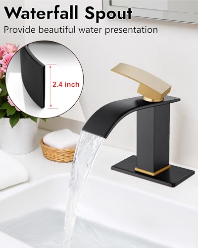 Midanya Waterfall Bathroom Faucet 1 Hole,Brushed Gold Handle/Matte Black | with 24” Hoses,Pop Up Drain,6” Deck Plate,for 1 or 3 Hole Vanity,Lavatory,RV,Single Handle Bathroom Sink Faucet,NSF Certified - color: Gold Handle/Black