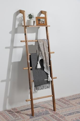 Blanket Ladder, 5-Tier Wooden Farmhouse Style Towel Rack with Shelf and Hooks, Wall Leaning Decorative Ladder for Living Room, Bedroom, Bathroom