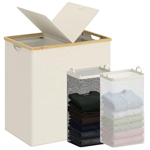 efluky Laundry Hamper with Lid, Double Laundry Basket with 2 Removable Bags, 2 Section Laundry Bin with Bamboo Handles for Bathroom, Bedroom & Laundry Room, 140L (36.9 Gallon) Beige - color: Beige, size: 140L Dual