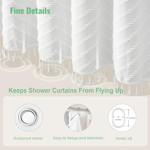Stall Shower Curtain and Liner Set - 48 x 64 inch Boho Shower Curtain and Waterproof Clear Liner, Tufted Geometric Striped Textured Tassel Shower Curtains for Bathroom, 8 Hooks, 48x64, White - color: White, size: 48"W x 64"L (Pack of 1)