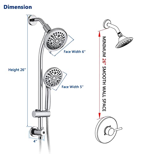 Rainfall Shower Head with Handheld Shower Spray, with 26" Drill Free Adjustable Height Slider Bar, High Pressure Dual Shower Head Combo, 3-Way Diverter for Easy Reach, 5Ft Hose - Chrome Finish - color: Chrome