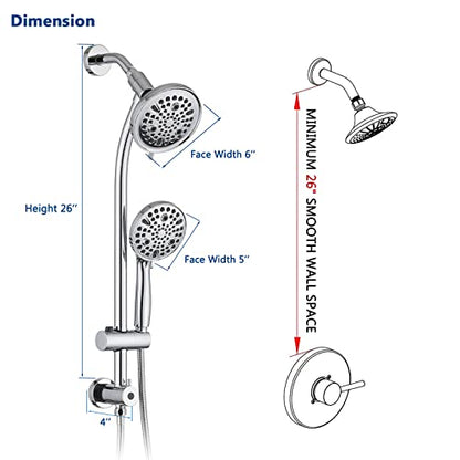 Rainfall Shower Head with Handheld Shower Spray, with 26" Drill Free Adjustable Height Slider Bar, High Pressure Dual Shower Head Combo, 3-Way Diverter for Easy Reach, 5Ft Hose - Chrome Finish - color: Chrome