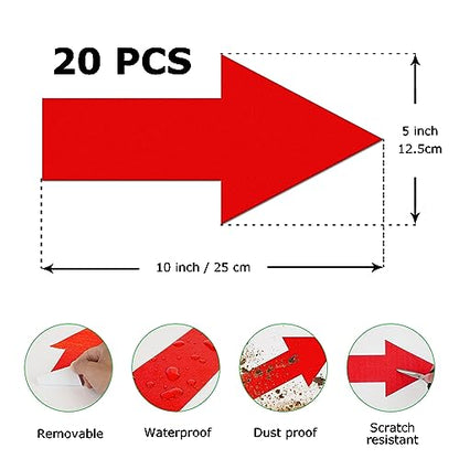 EVQ Arrow Floor Sticker Red 10 x 5 Inch Self-Adhesive Vinyl Decal 20 PCS | Removable Waterproof Large Directional Arrow Floor Sign for Concrete Warehouse Office - color: Red 10"×5"