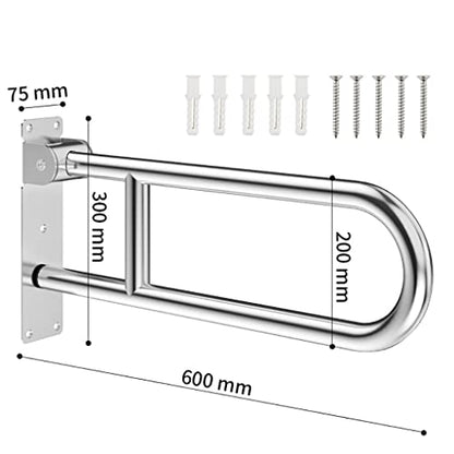 U-Shaped Polished Foldable Toilet Grab Bar,Matte Black Flip-Up Bathroom Handrail for Elderly Handicap Pregnant,Wall Mounted Barrier-Free Folding Shower Assist Aid (Polished 60cm) - color: Polished