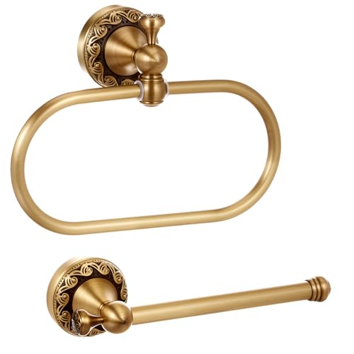 2 Pcs Antique Brass Toilet Paper Holder Towel Ring Set, Vintage Bathroom Hardware, Wall Mounted Toilet Tissue Holder Hand Towel Ring, Rustproof Brass Bathroom Accessories(Rectangle) - style: Rectangle