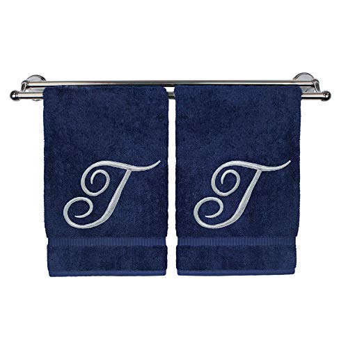 Monogrammed Hand Towel, Personalized Gift, 16 x 30 Inches - Set of 2 - Silver Embroidered Towel - Extra Absorbent 100% Turkish Cotton- Soft Terry Finish - for Bathroom, Kitchen and Spa- Script T Navy - color: Silver on Navy, style: Initial T