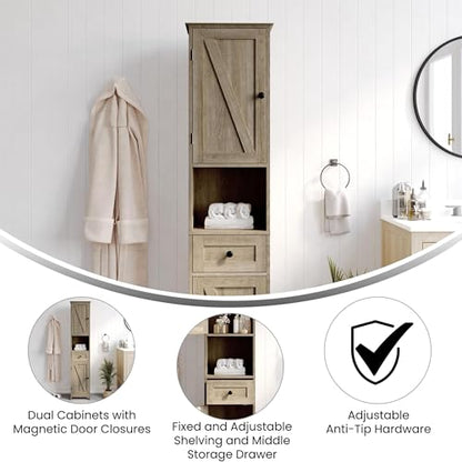 Flash Furniture Freestanding Bathroom Linen Tower Storage Cabinet, Brown | Farmhouse, Magnetic Close Doors, 2 Adjustable Shelves, Open Display Shelf - color: Brown