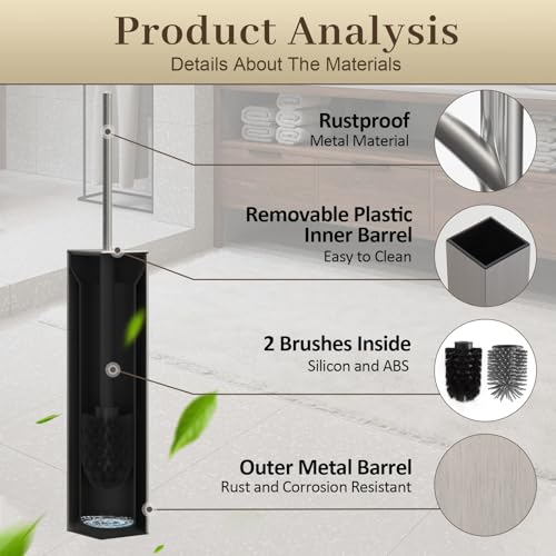 Toilet Brush and Holder Wall Mounted, Brushed Nickel Aluminum with 2 Replaceable Heads, Bathroom Toilet Brush, Drill or 3M Adhesive Mount for Bathroom - color: Brushed Nickel-wall Mounted