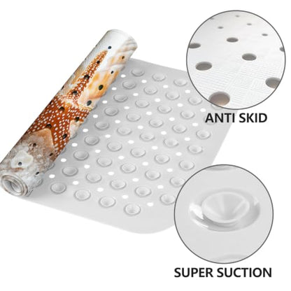 LNOND Summer Beach Bathtub Mat Non Slip, 40 X 16 Inch Tub Mat for Bathroom, White Seashells Bath Tub Shower Mat with Drain Holes and Suction Cups - color: White Seashells Bathtub Mat