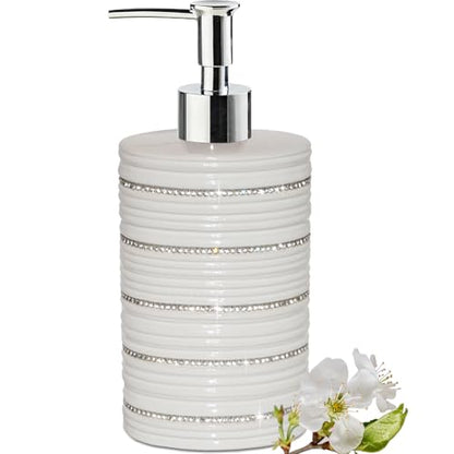 White Ceramic Soap Dispenser with Silver Pump for Bathroom, Refillable Liquid Hand Soap Dispenser, Bling Moissanite Design for Kitchen Dish Soap, Hand Soap, Pump Bottle for Liquid