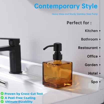 Square Bathroom Soap Dispenser Amber Bottle with Black Pump, Retangle Cube 8.4 oz Glass Bottles with Stainless Steel Pump Hand Liquid Soap Dispenser Kitchen - color: Amber Bottle + Black Pump