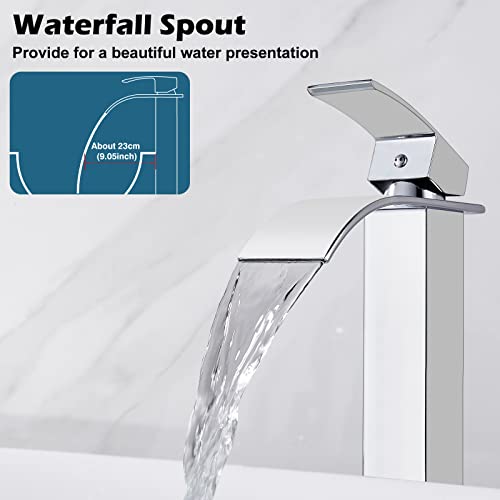 Midanya Waterfall Tall Bathroom Vessel Sink Faucet,Polish Chrome | with 24” cUPC Water Hoses,Pop Up Drain without Overflow,for 1 hole Vanity,RV,Lavatory,Bowl,Farmhouse,SUS304,Single Handle - color: Chrome