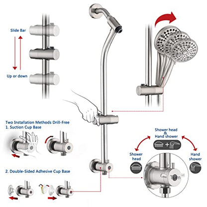 Rainfall Shower Head with Handheld Shower Spray, with 26" Drill Free Adjustable Height Slider Bar, High Pressure Dual Shower Head Combo, 3-Way Diverter for Easy Reach, 5Ft Hose-Brushed Nickel - color: Brushed Nickel