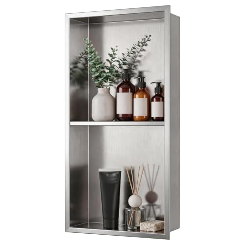SaniteModar Stainless Steel Shower Niche Insert 12" x 24" Brushed Silver | No Tile Needed, Recessed Bathroom Niche 2-Tier, Waterproof, Space-saving, Easy Setup, Built-in Storage for Bathroom, Kitchen - color: Brushed Silver, size: 12" x 24", Double