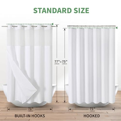 eachope White No Hook Shower Curtain with Snap-in Fabric Liner Set,Slub Textured Fabric Shower Curtains for Bathroom,Hotel Style Modern Shower Curtain,Water Repellent& Washable,71x77(75) | White Fabric Outer + Waterproof Inner Liner, Hotel Style with See-