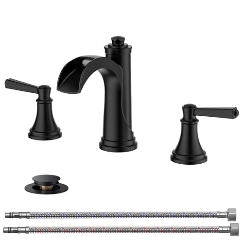 FORIOUS Black Waterfall Bathroom Faucet 3 Holes Vanity, Widespread Faucet | FORIOUS Brass Black Faucet Bathroom 3 Hole, Wide 2 Handle 8 Inch Matte Black Bathroom Sink Faucet Waterfall with Metal Drain - color: Matte Black