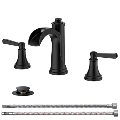 FORIOUS Black Waterfall Bathroom Faucet 3 Holes Vanity, Widespread Faucet | FORIOUS Brass Black Faucet Bathroom 3 Hole, Wide 2 Handle 8 Inch Matte Black Bathroom Sink Faucet Waterfall with Metal Drain - color: Matte Black