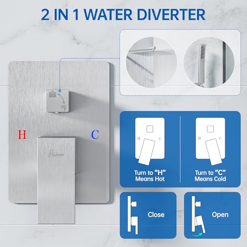 Hawkrown 12 Inch Luxury Rain Shower Faucet Set, Brushed Nickel Shower System with Rainfall Shower Head and Handheld Spray, SUS304 Stainless Steel and Solid Brass Wall Mounted Shower Valve Trim Kit - color: Brushed Nickel, size: 12 Inch
