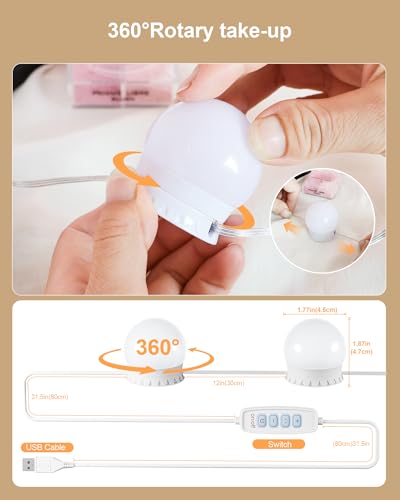 12 Bulbs LED Vanity Lights for Mirror, 3000K 4000K 6500K & 10-Brightness, Wire Length Adjustable, USB Cable, Hollywood Mirror Lights for Makeup Dressing Room Bathroom, White - size: 12 Dimmable Bulbs