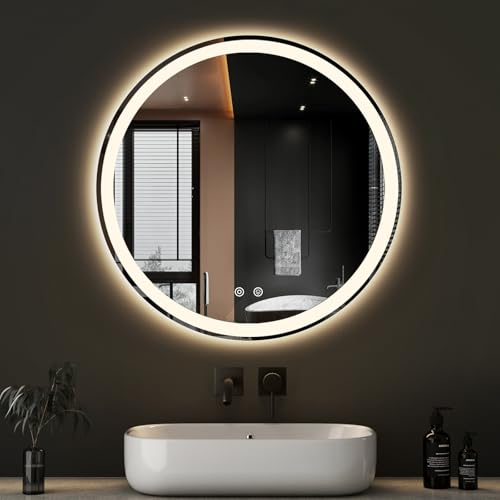 DUMOS 28 Inch Round LED Bathroom Mirror with Lights, Circle Vanity Mirror | Anti-Fog, Dimmable, 3-Color Light, Front Light and Backlit, Memory Function, Tempered Glass - color: Elegant White-round, size: 28"L x 28"W