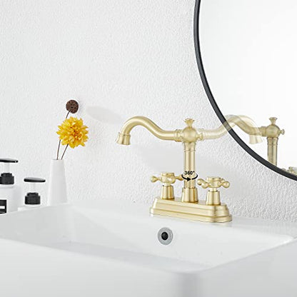 Bathroom Faucet Brushed Gold GGStudy 2 Handles 4 Inches Centerset Bathroom Vanity with Drain Assembly and Supply Hose Lavatory Mixer Double Handle Tap - color: Brushed Gold, style: Metal Cover