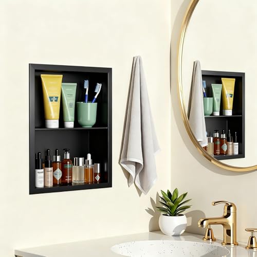 Stainless Steel Recessed Medicine Cabinet Bathroom Medicine Wall Niche Shower Niche Space-Saving Recessed Storage Cabinet Adjustable Shelf Matte Finish (Black, 18" H x 14" W) - color: Black, size: 18"H x 14"W