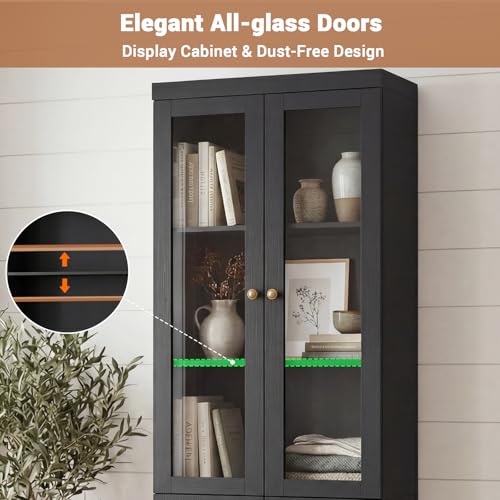 Cyclysio 80" Kitchen Pantry Cabinet with Glass Doors and Adjustable Shelves, Kitchen Cabinet with Thickened Top Panel, Tall Cabinet for Livingroom, Pantry, Bathroom, Black, Set of 2