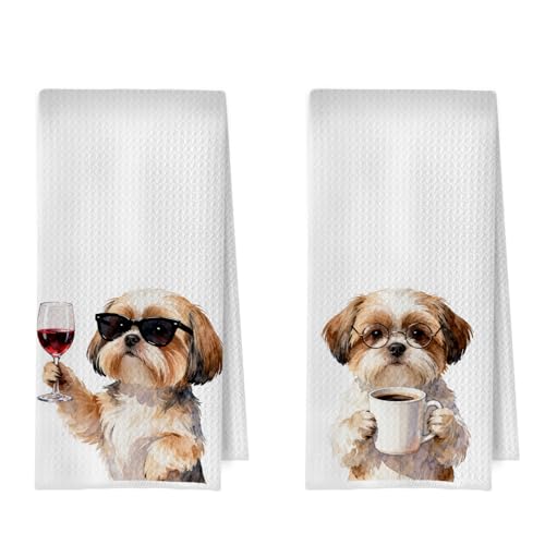 Shih Tzu Kitchen Towels Set - Funny Shih Tzu Gifts Decorative Waffle Dish Towels, Coffee Home Bar Decor Hand Towel, Wine Lover Gifts Tea Towe, 16x24 Inch Set of 2 - color: Shih Tzu