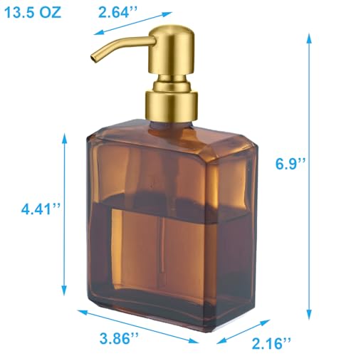 KEMINO Amber Soap Dispenser Square Bottle and Gold Pump, Glass Dish Soap Dispense, Refillable Hand Soap Dispenser with Stainless Steel Pump, 13.5 oz Lotion Dispenser for Bathroom, Kitchen Countertop - color: Amber Bottle With Brushed Gold Pump, size: 13.5
