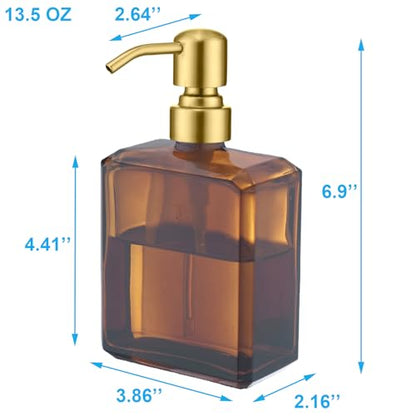 KEMINO Amber Soap Dispenser Square Bottle and Gold Pump, Glass Dish Soap Dispense, Refillable Hand Soap Dispenser with Stainless Steel Pump, 13.5 oz Lotion Dispenser for Bathroom, Kitchen Countertop - color: Amber Bottle With Brushed Gold Pump, size: 13.5